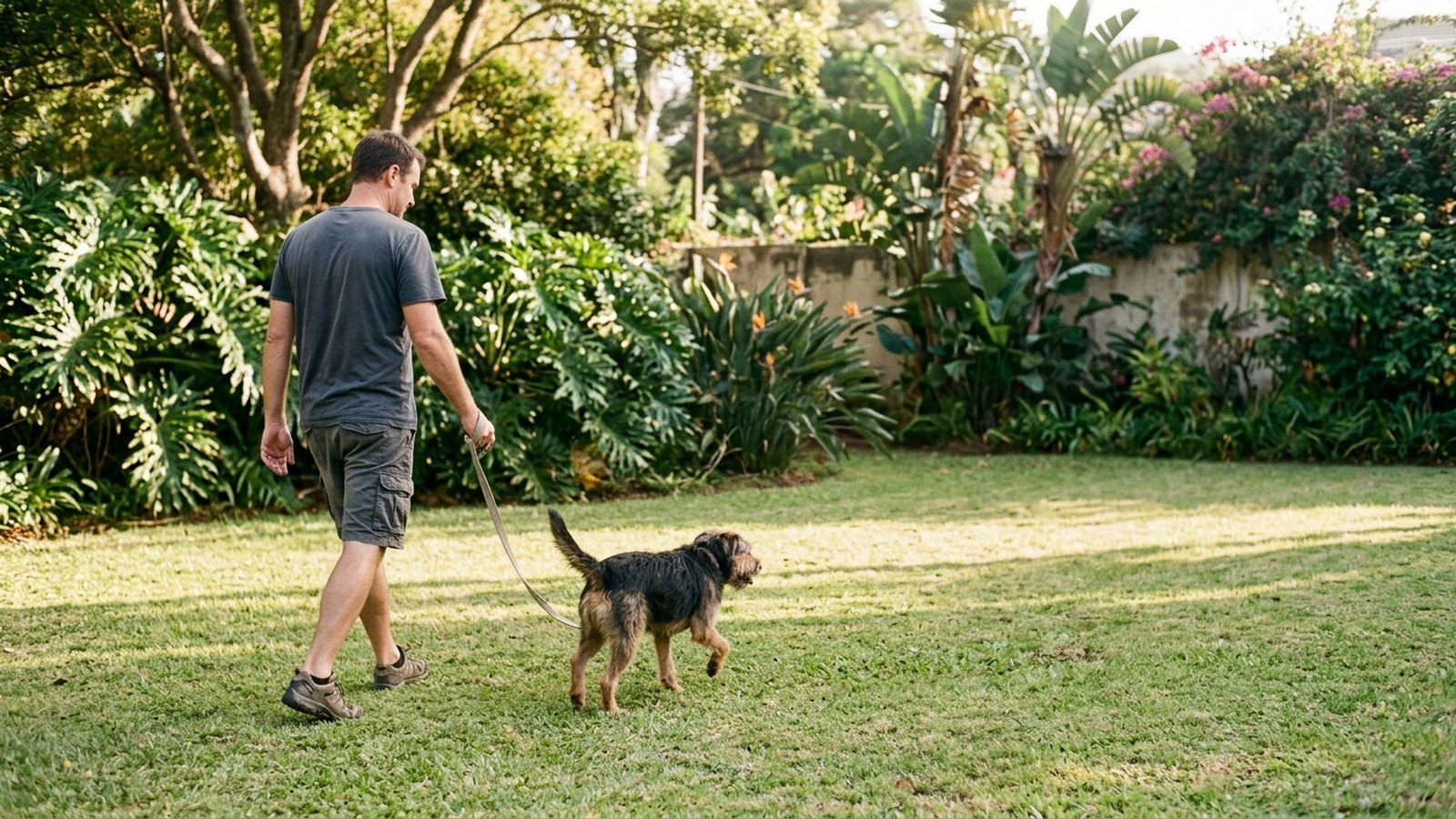 An owner walking a crossbreed dog on a lawn