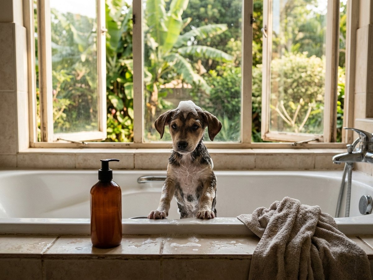 A puppy being bathed in soap suds