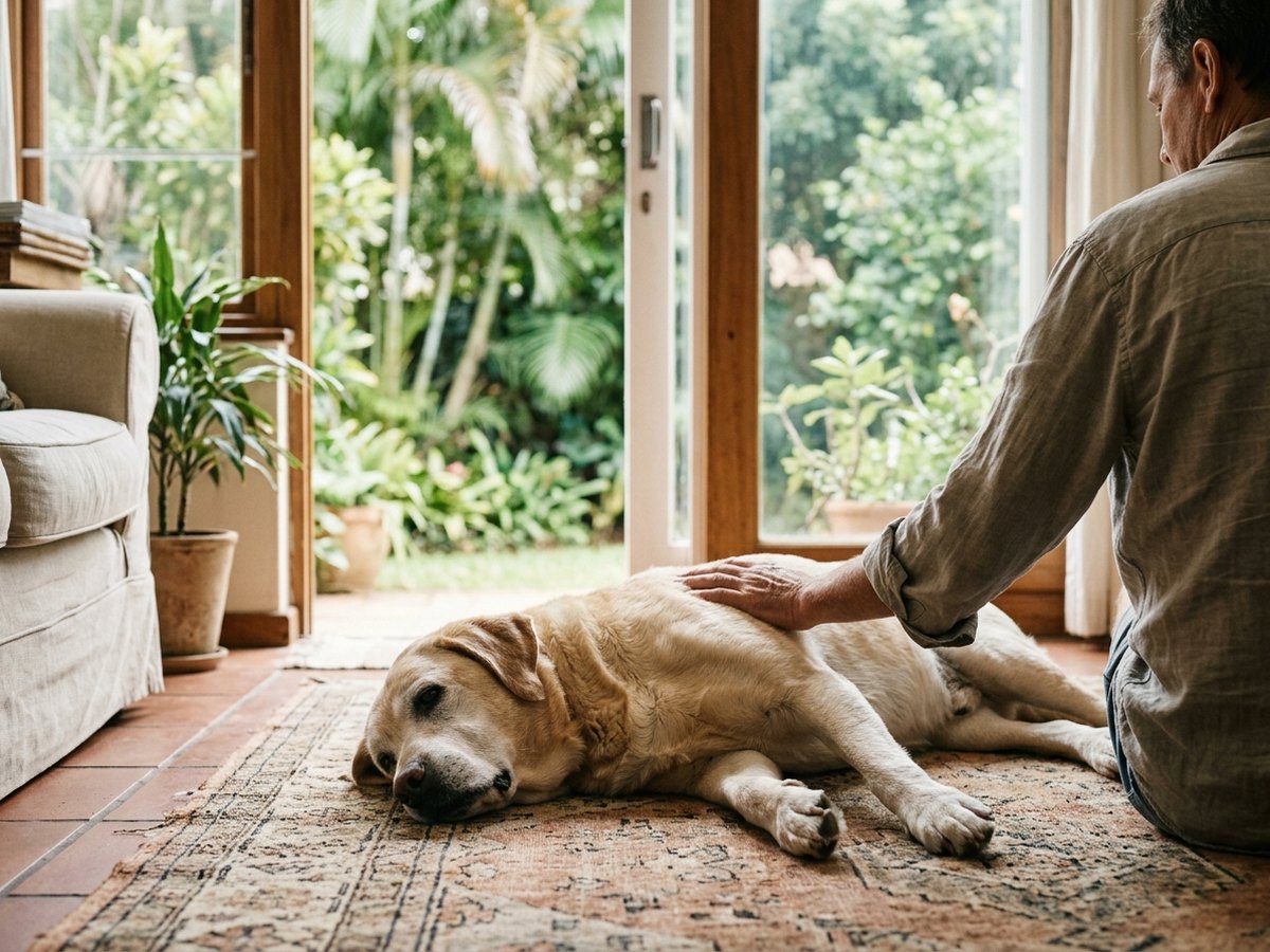 An older Labrador resting while its owner strokes it