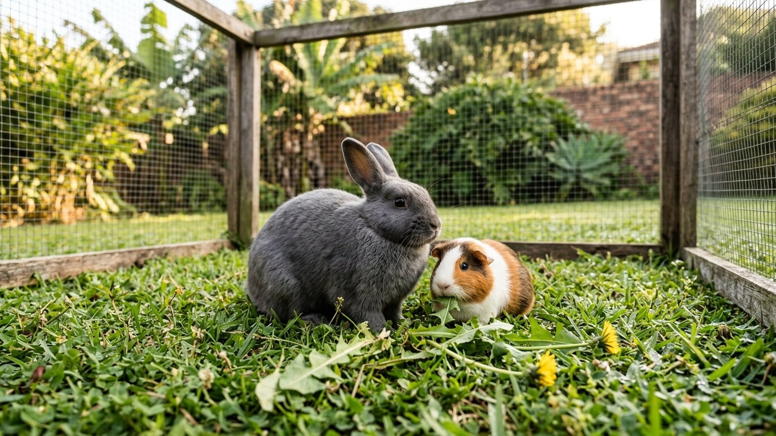 A rabbit and guinea pig in a garden run