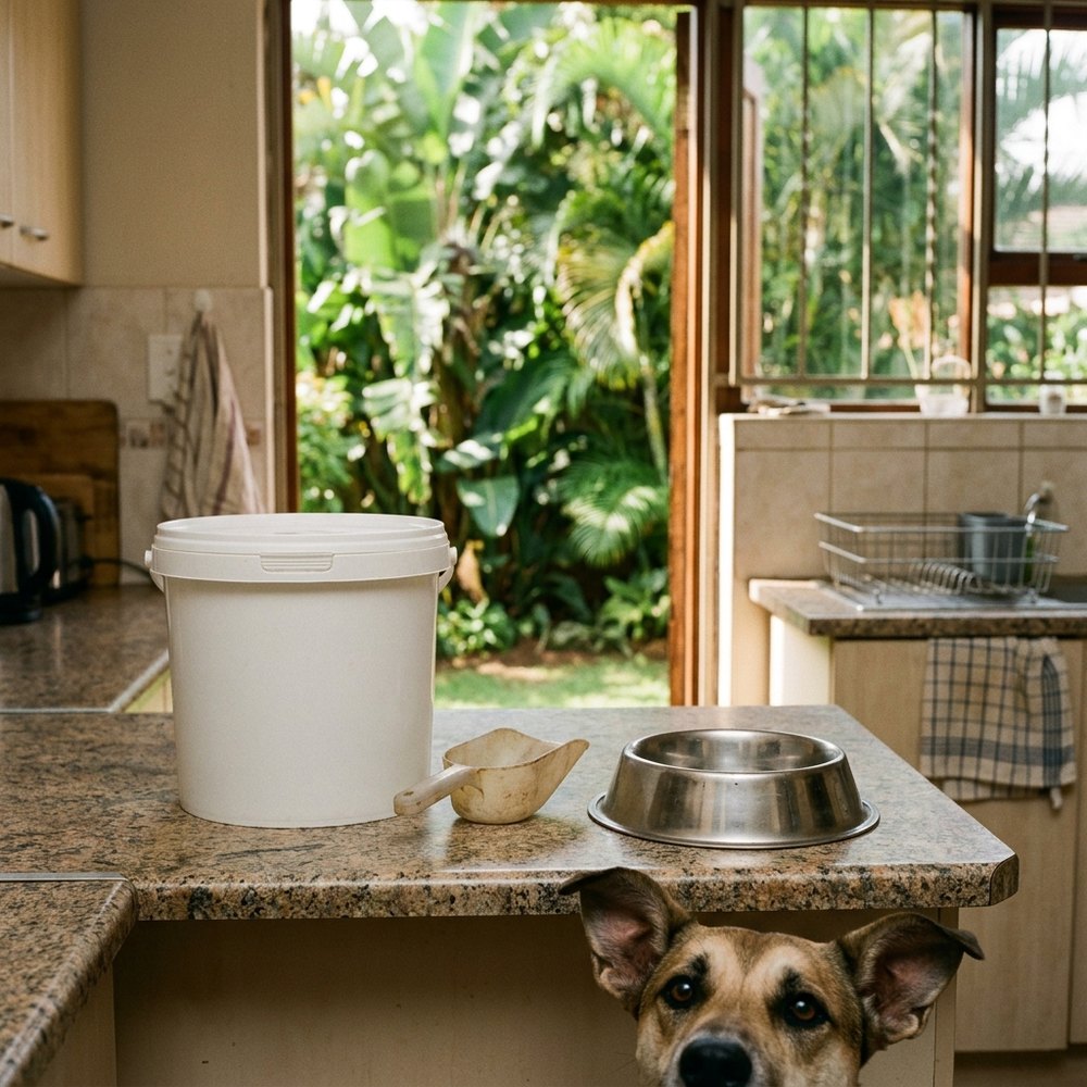 A dog looking up at a tub of supplements on a counter