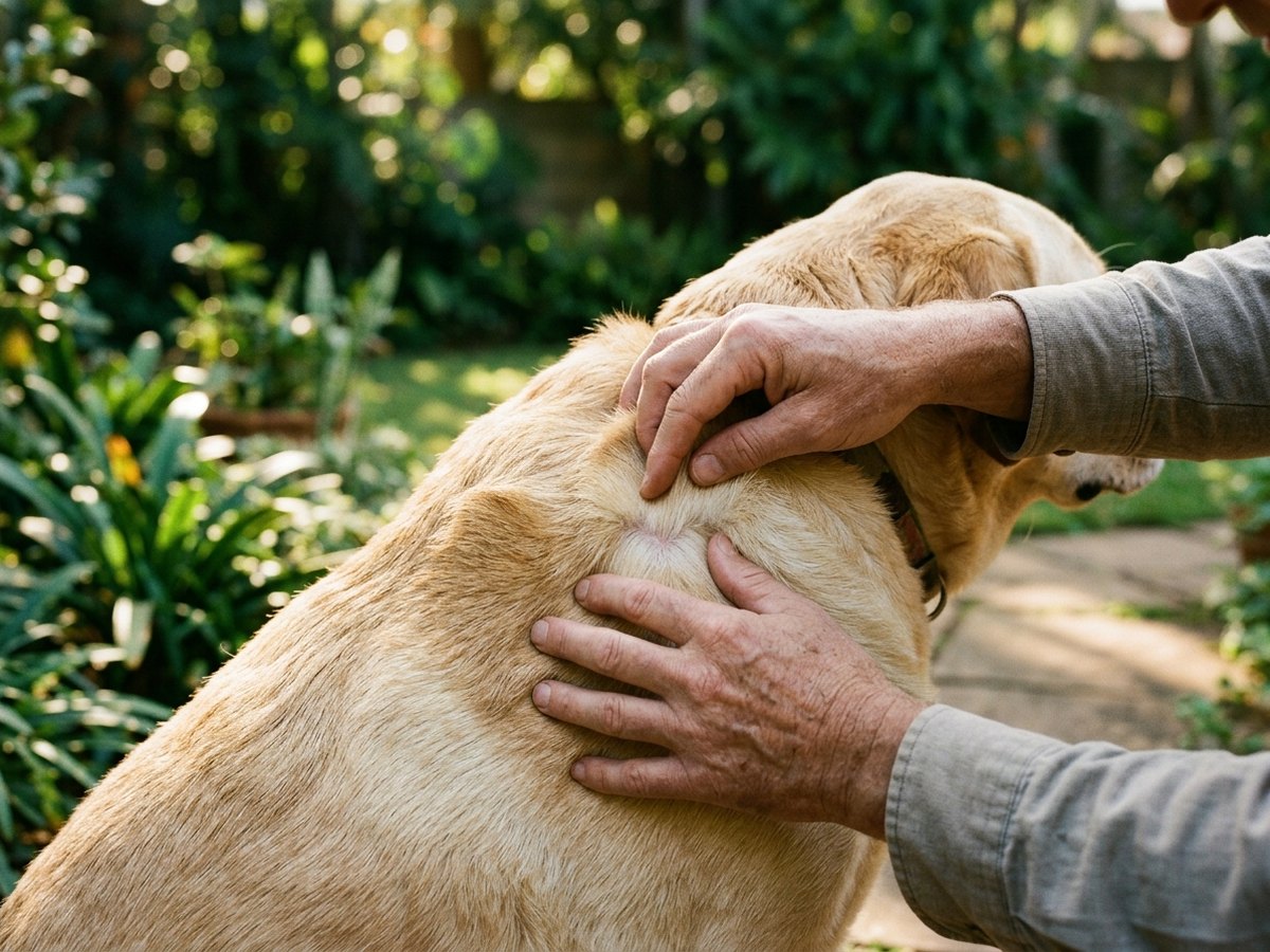An owner checking a Labrador's coat