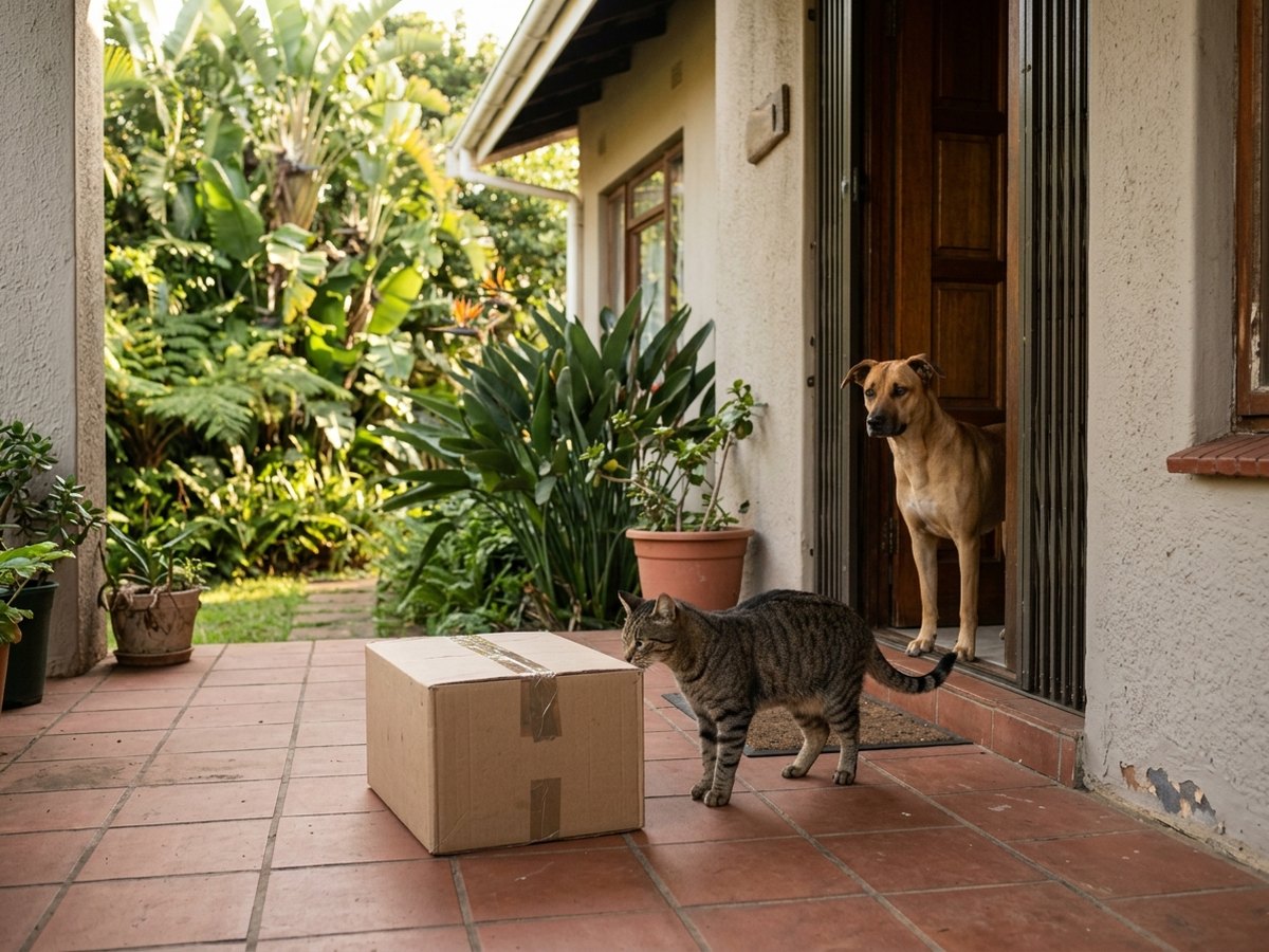 A parcel on the doorstep with a curious cat and dog