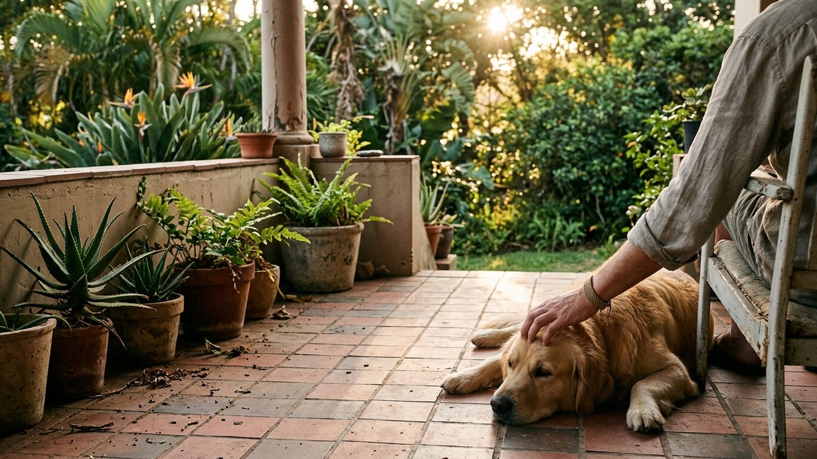 A golden retriever resting on a veranda with its owner