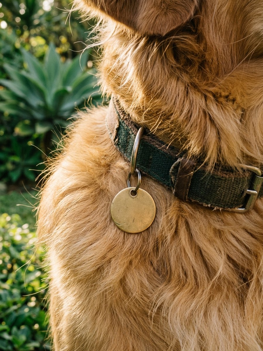 A brass ID tag on a retriever's collar
